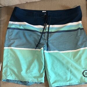 Navy and Aqua Striped Board Shorts